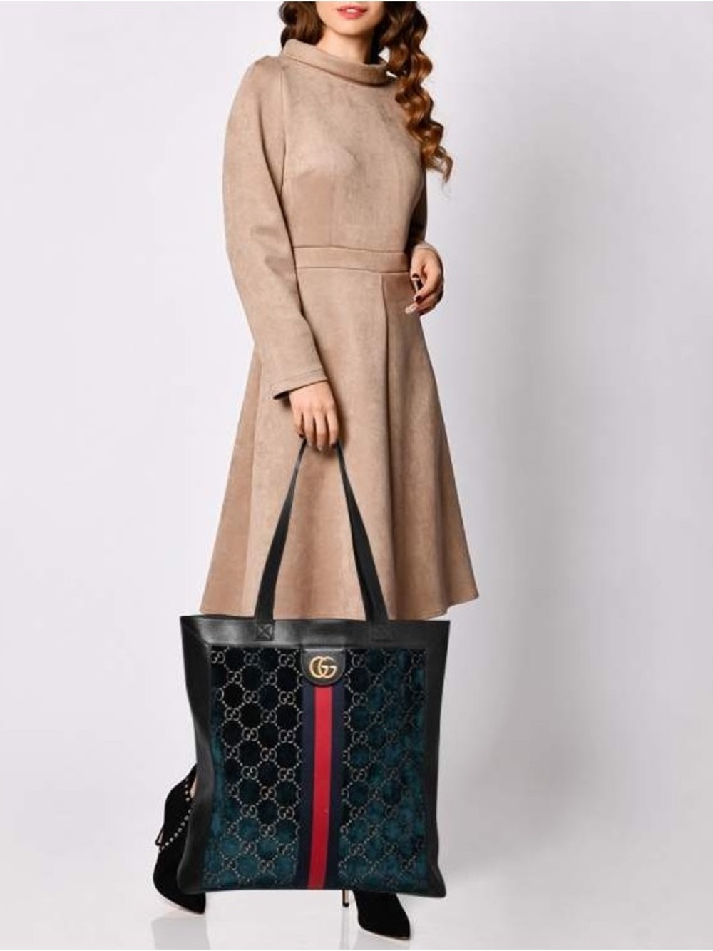Gucci Black & Teal GG Canvas Tote with Red Stripe and Gold Logo